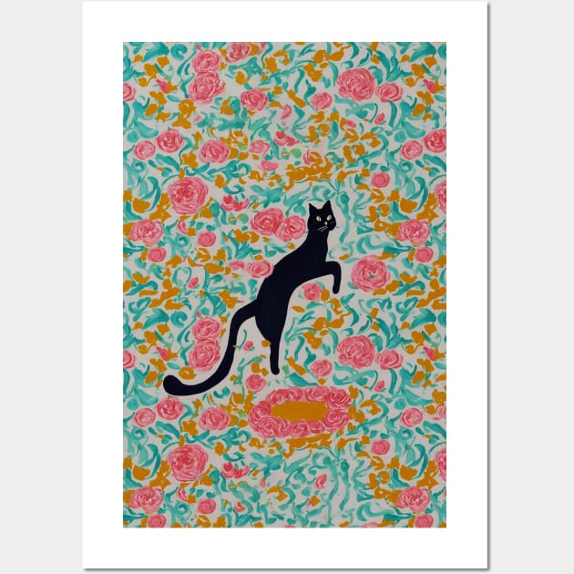 black cat jumping into peonies Wall Art by JJLosh